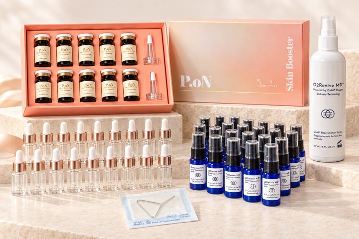 The PlasmaChanneling Skincare Kit: P.oN Skin Booster vials, O2Revive MD oxygen spray, dropper bottles and the PlasmaChanneling tip